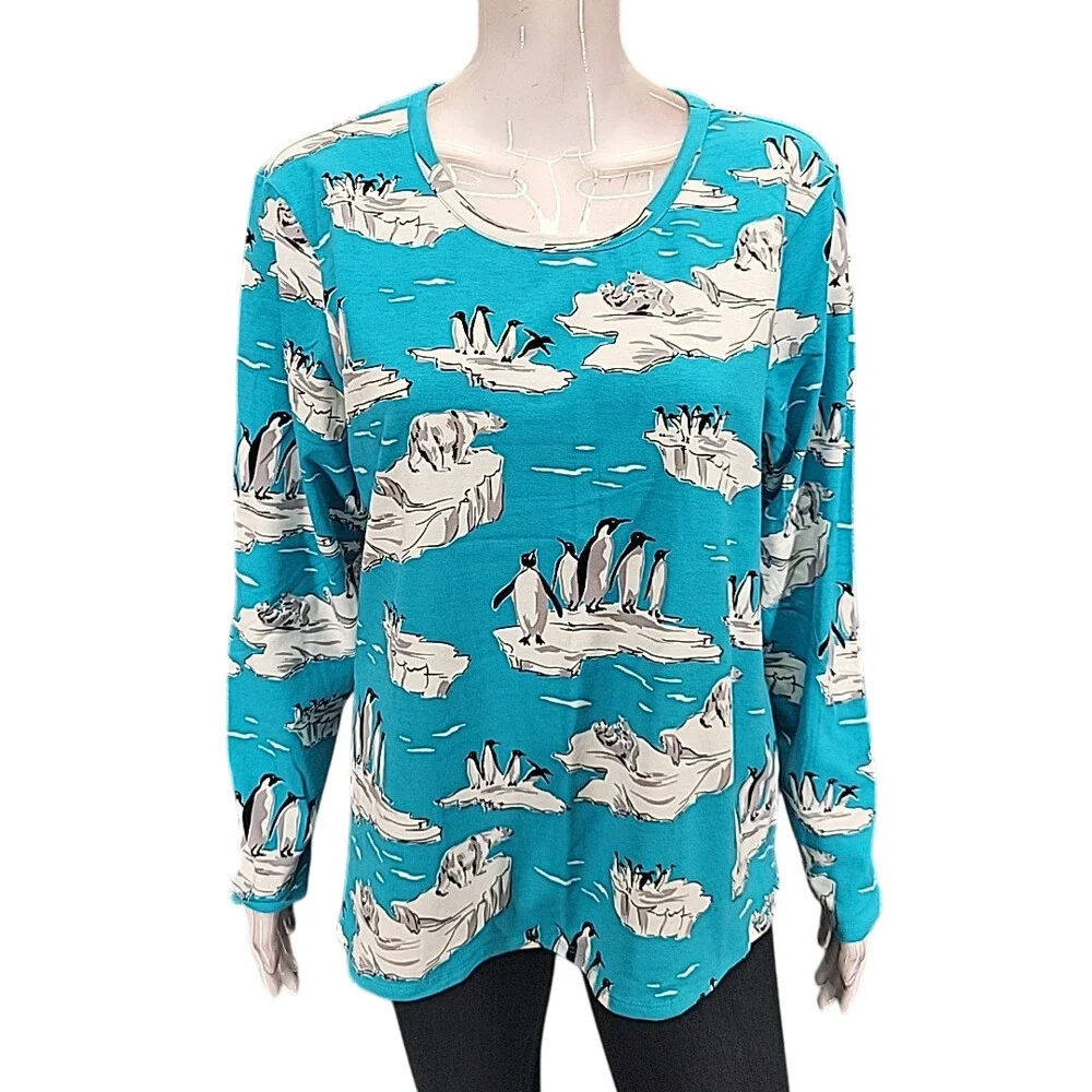 Womens Long Sleeves Allover Graphic Printed Top Petite X-Large Size Tee Shirt